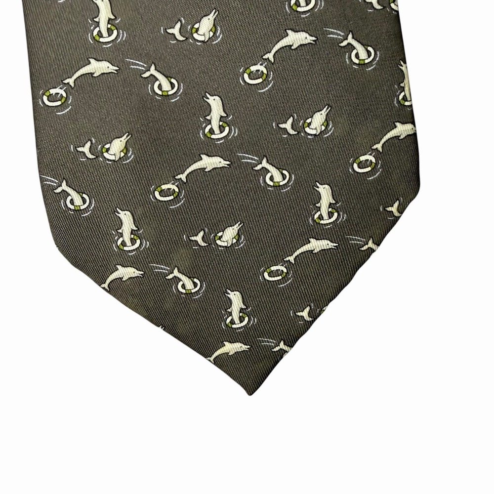 Hermes Mens Tie Dancing Jumping Dolphins Brown Silk 5390 OA 3 7/8" (W) x 63" (L) - Picture 6 of 7